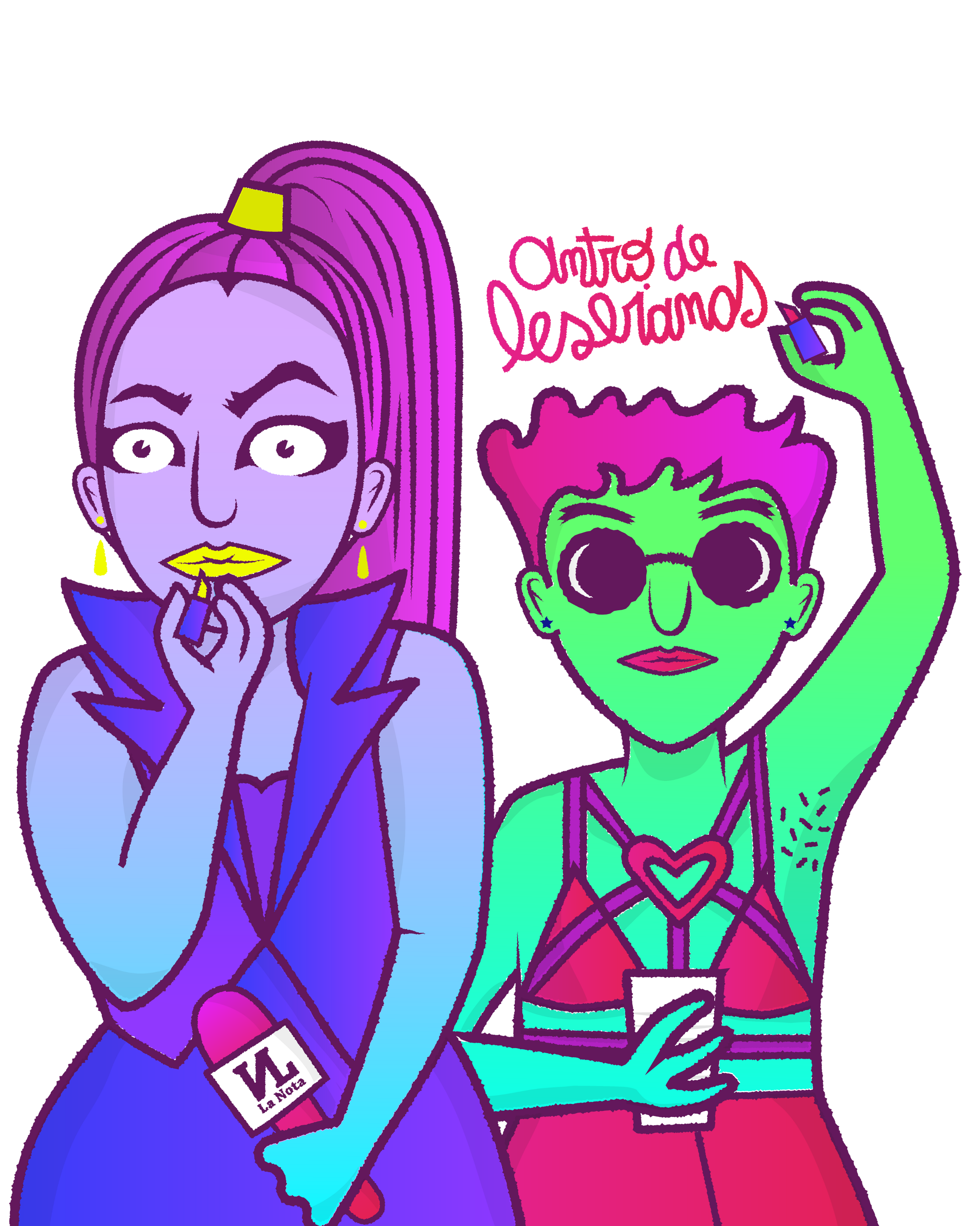 Colorful cartoon of Milagro Mariona and Mariana Rodríguez Fuentes